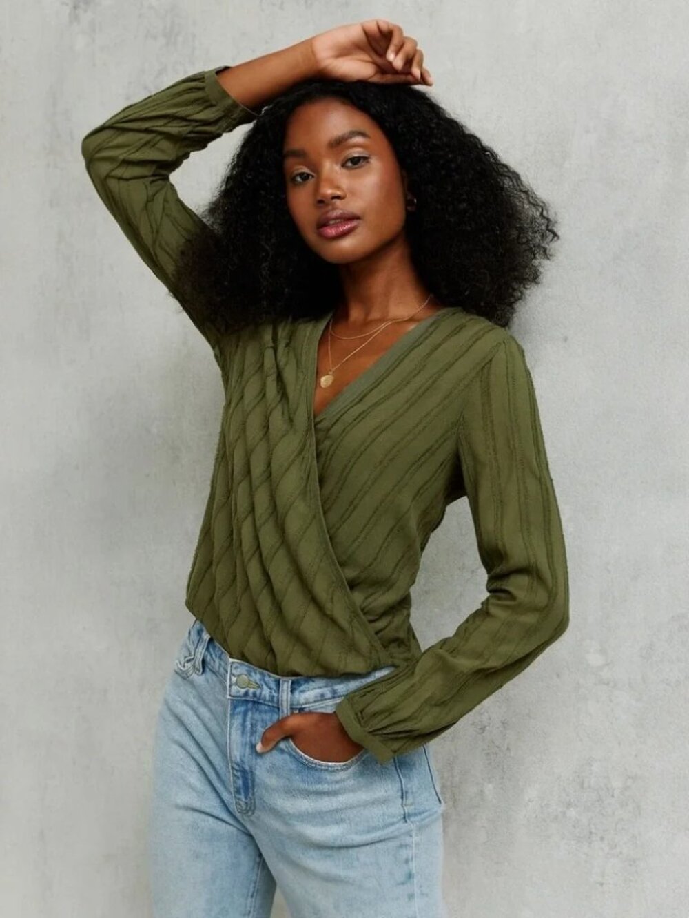 ANTHROPOLOGIE Maeve Audre Long Sleeve Faux Wrap Top, Green, Size Medium